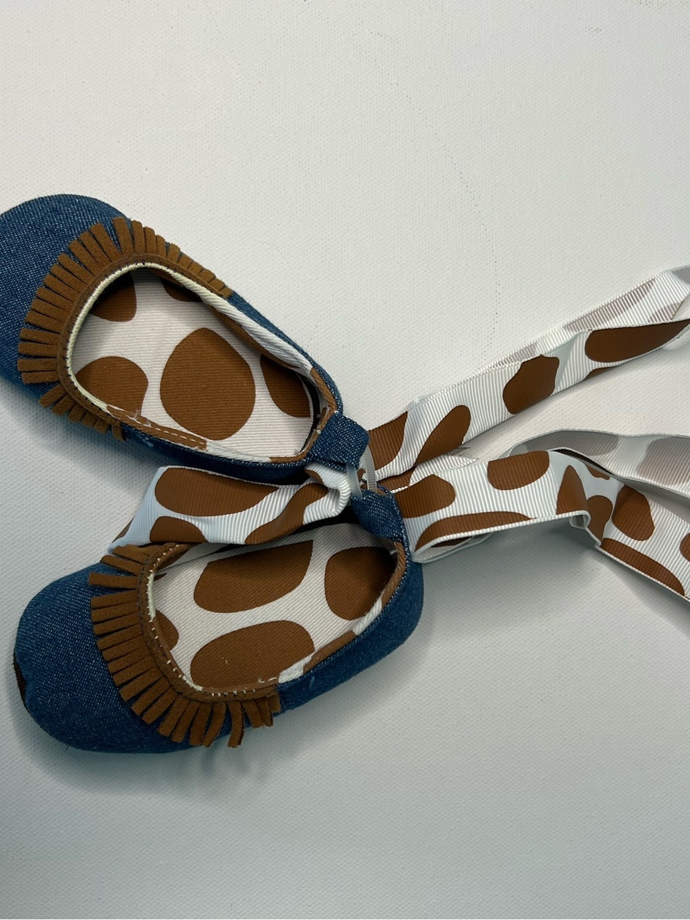 Mudpie Denim Fringe Moccasins in Blue and Brown 0-6 month 100% cotton